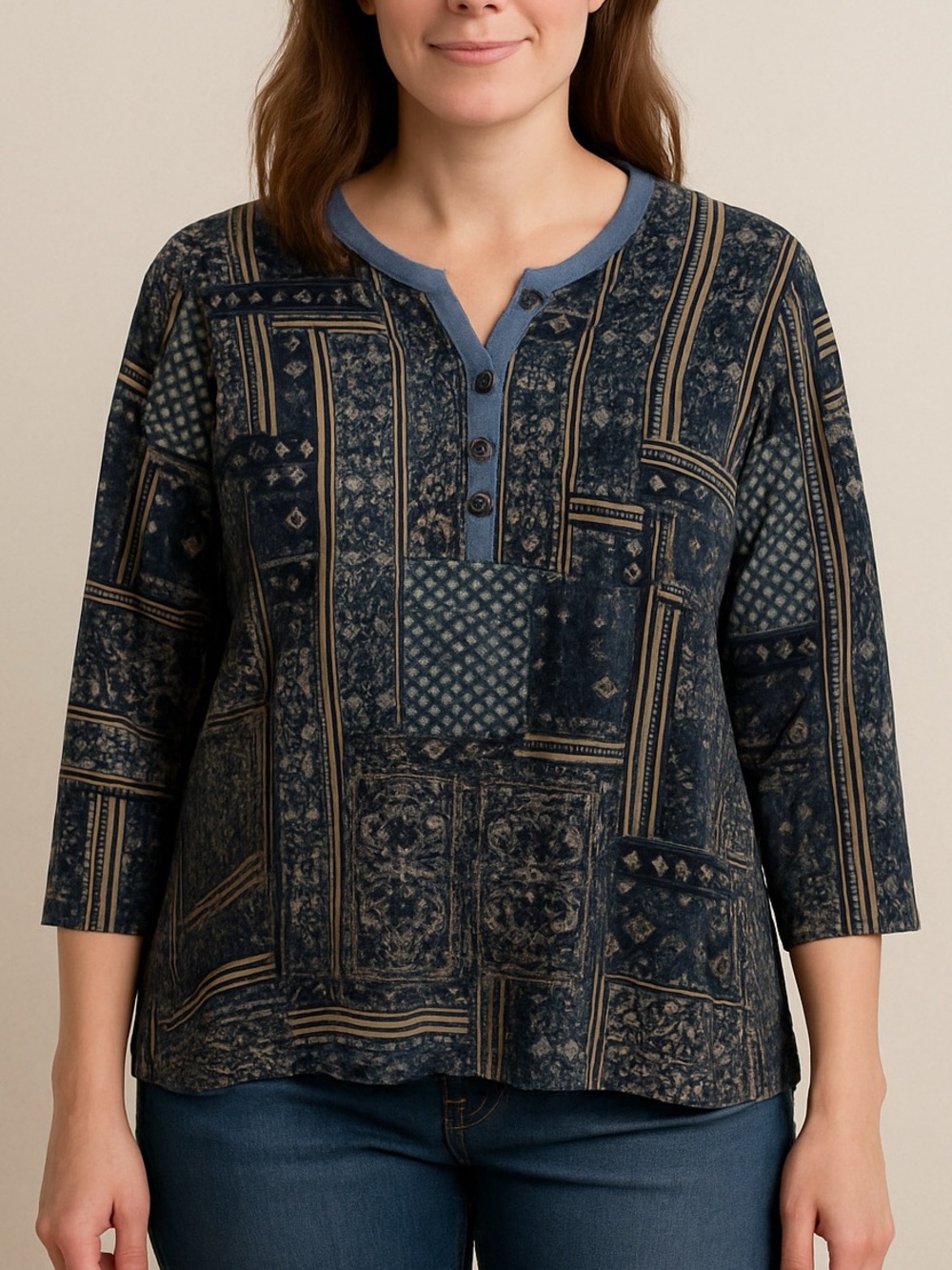 RALPH LAUREN JEANS CO. Blue Patchwork Henley Top - Navy & Cream Blue size medium